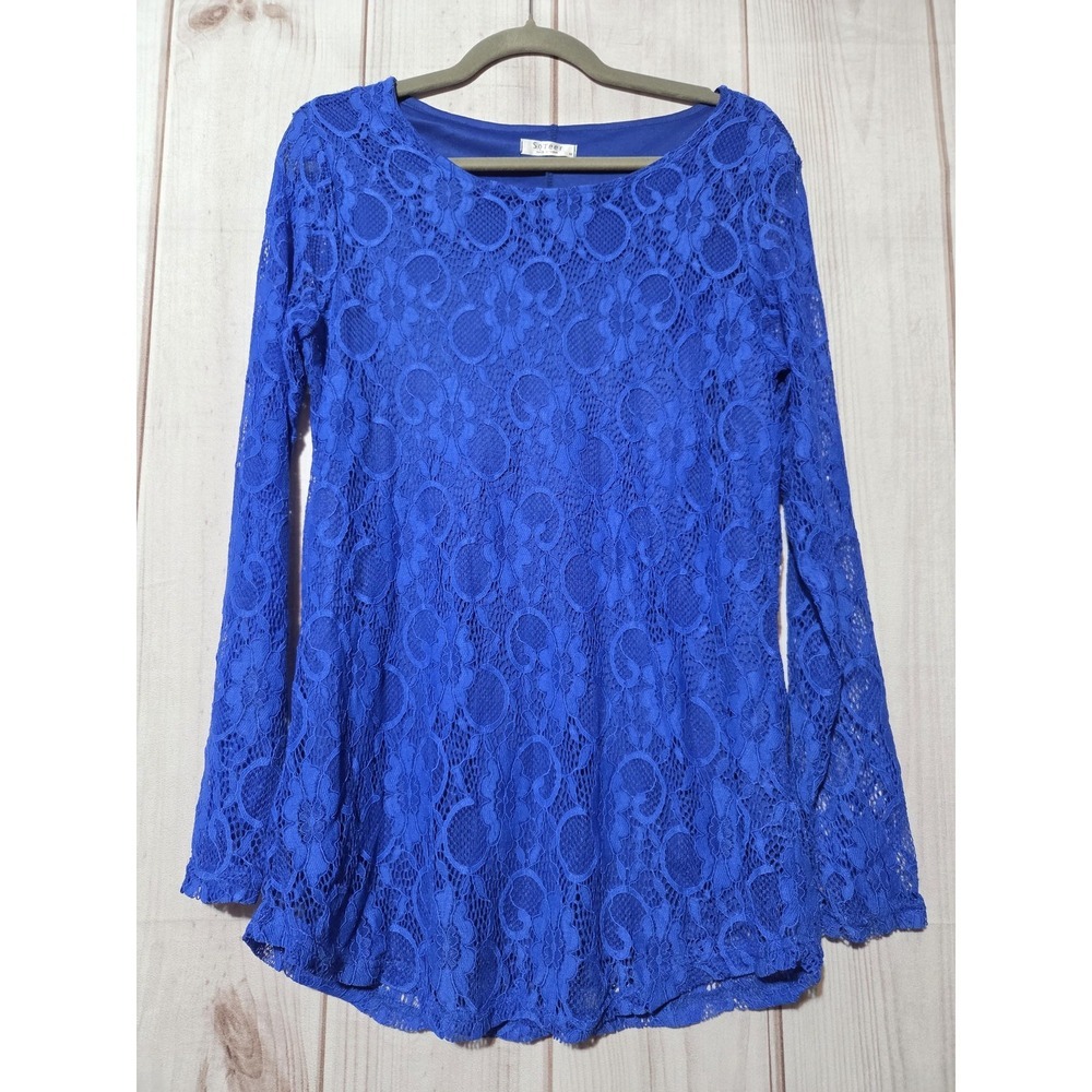 SoTeer Blouse Womens Medium Blue Floral Lace Long Sleeve Tunic Top Stretch